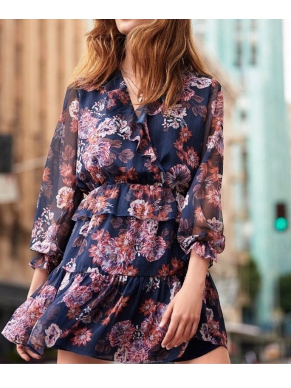 Gianni Bini Women’s Heidi Ruffle Mini Dress Size XL Navy/Rose Floral NWT